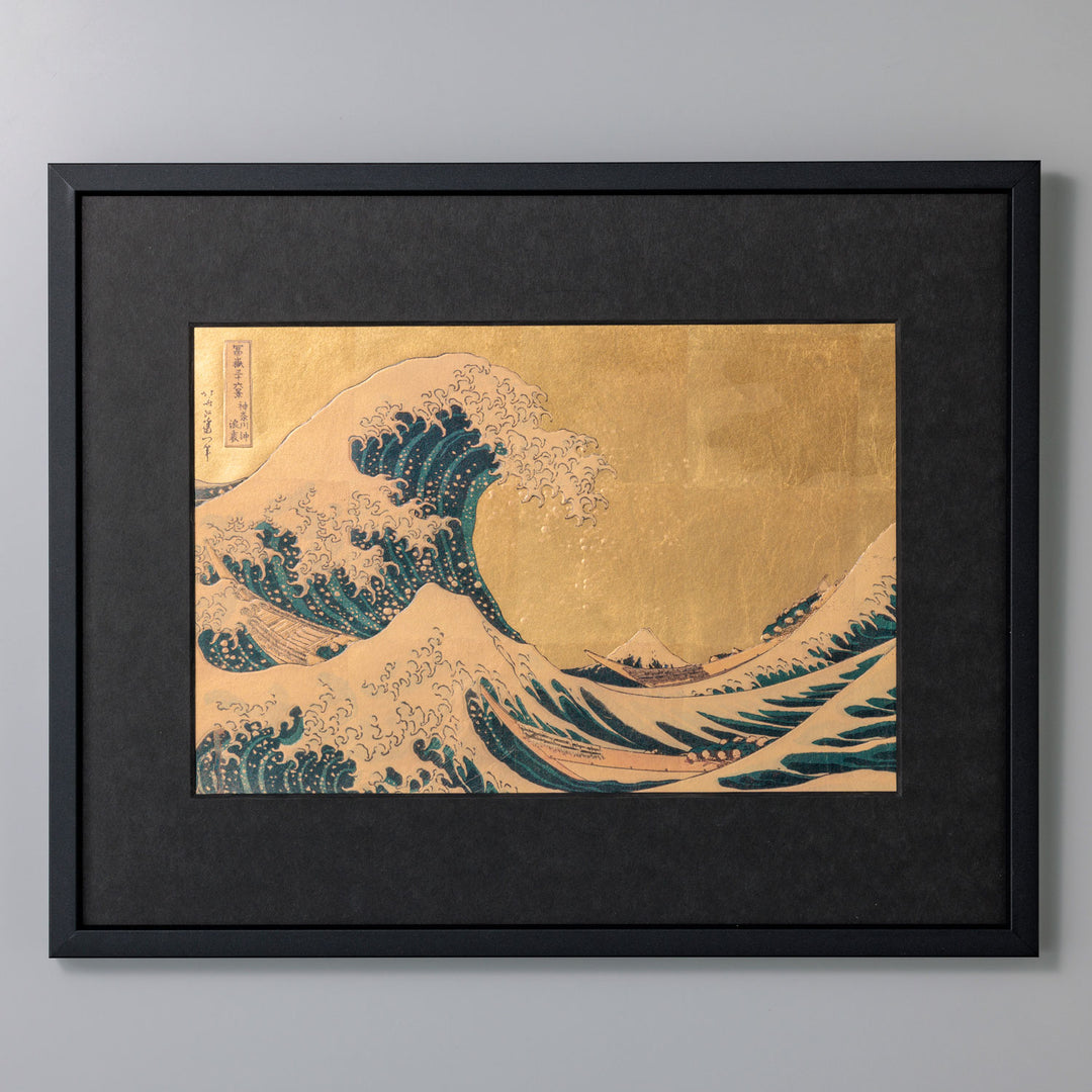 A Japanese framed foil art piece featuring ukiyo-e / great wave. Kanazawa foil gives the artwork depth and a refined shine, making it suitable for interior decoration, home styling, personal collections, and gifts.