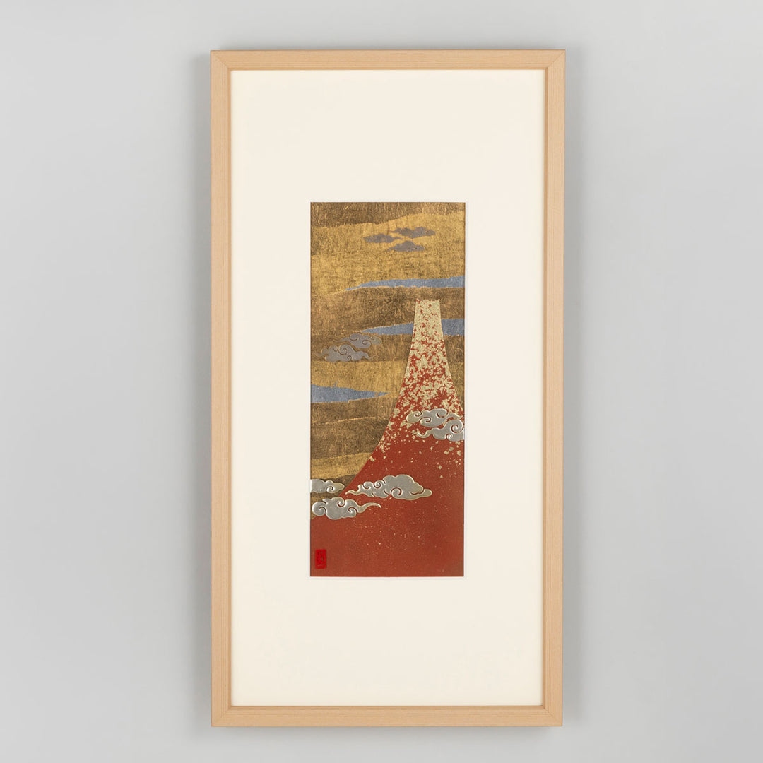A Japanese framed foil art piece featuring lucky art / red fuji. Kanazawa foil gives the artwork depth and a refined shine, making it suitable for interior decoration, home styling, personal collections, and gifts.
