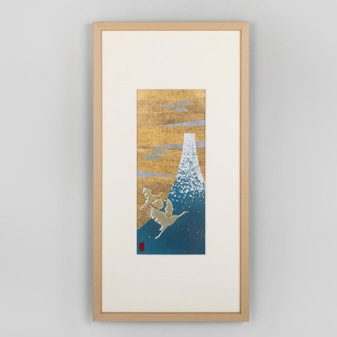 A Japanese framed foil art piece featuring lucky art / fuji and crane. Kanazawa foil gives the artwork depth and a refined shine, making it suitable for interior decoration, home styling, personal collections, and gifts.