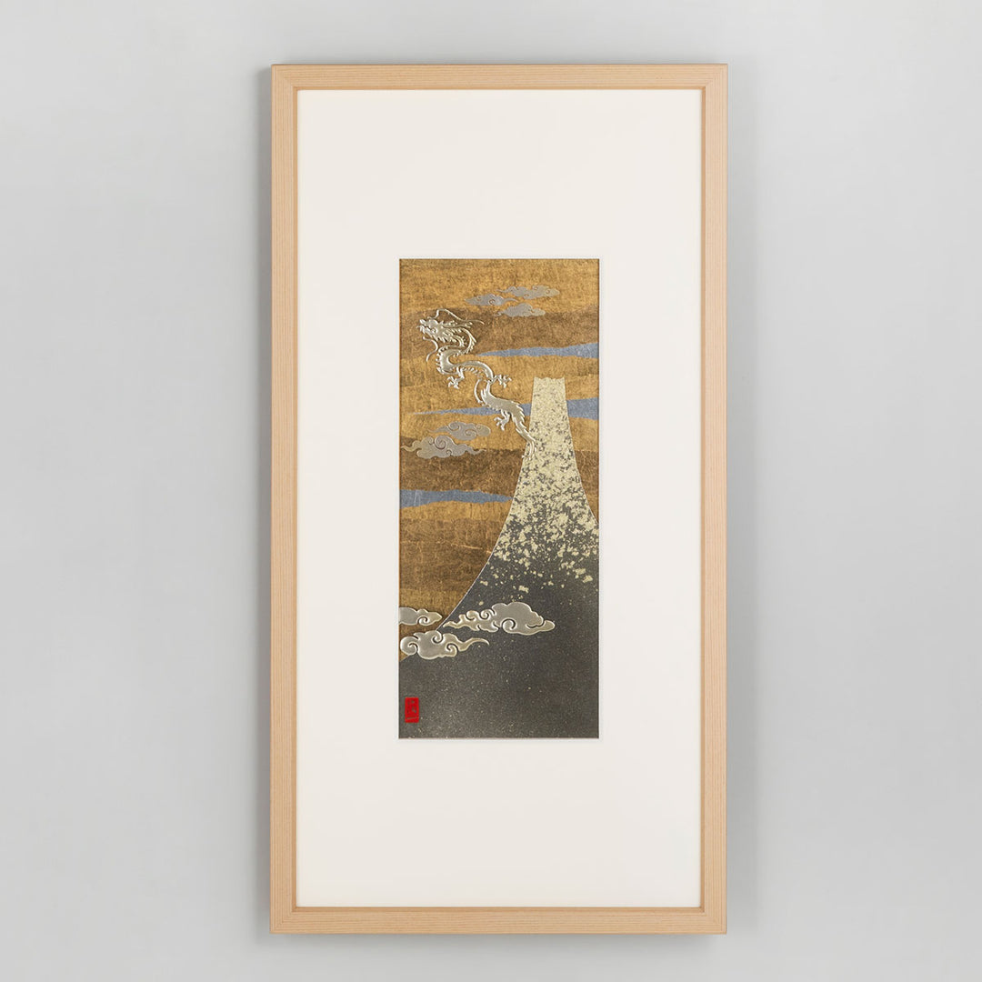 A Japanese framed foil art piece featuring lucky art / dragon and fuji. Kanazawa foil gives the artwork depth and a refined shine, making it suitable for interior decoration, home styling, personal collections, and gifts.