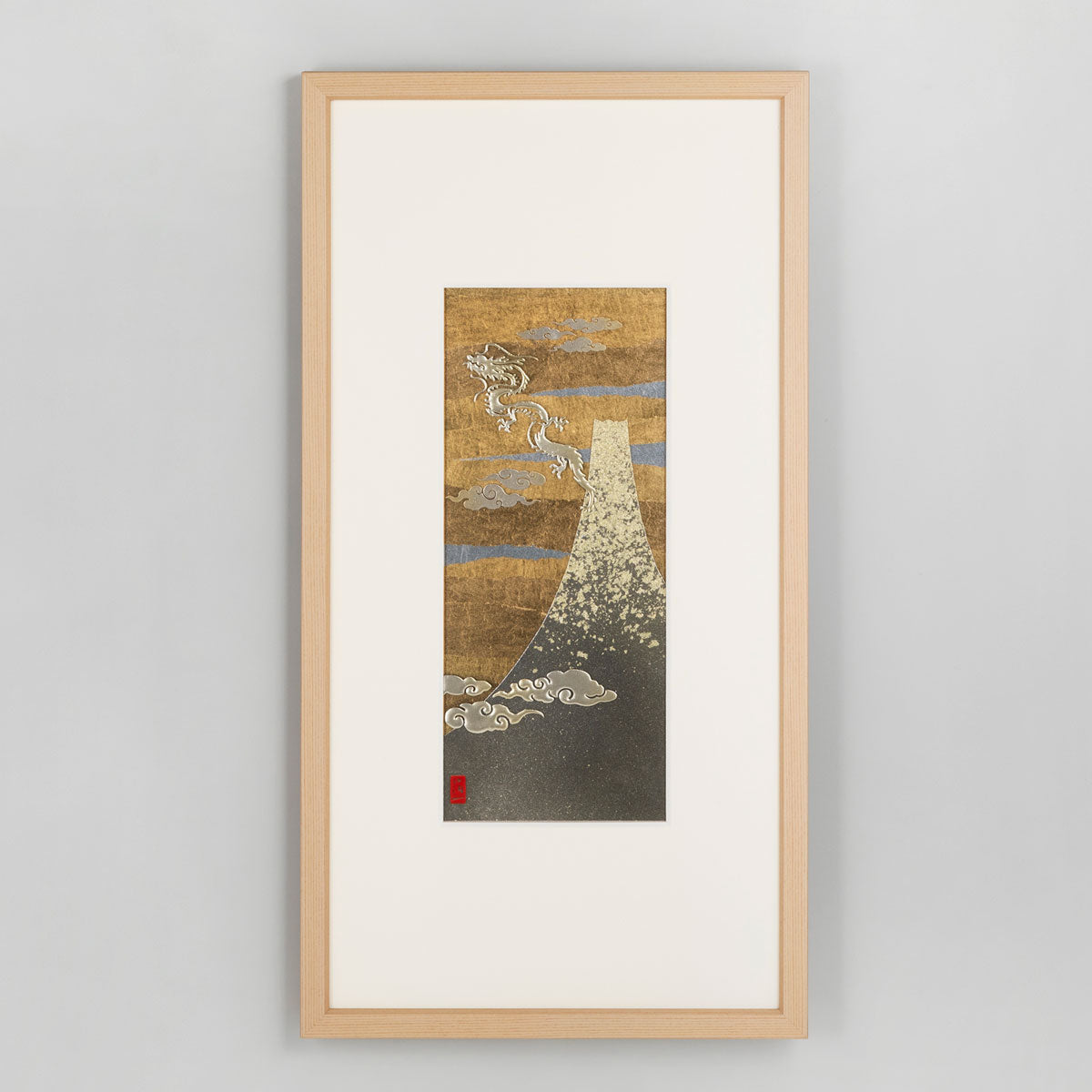 A Japanese framed foil art piece featuring lucky art / dragon and fuji. Kanazawa foil gives the artwork depth and a refined shine, making it suitable for interior decoration, home styling, personal collections, and gifts.