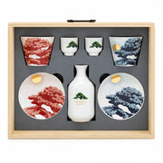 KEN IKEDA Hasami-yaki Complete Set with Paulownia Box – 2 Soba Choko, 2 Small Plates, 1 Tokkuri, 2 Sakazuki