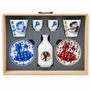 SHIGAMIKI Hasami Ware Complete Set with Paulownia Box – 2 Soba Cups, 2 Small Plates, 1 Tokkuri Sake Bottle, 2 Sake Cups