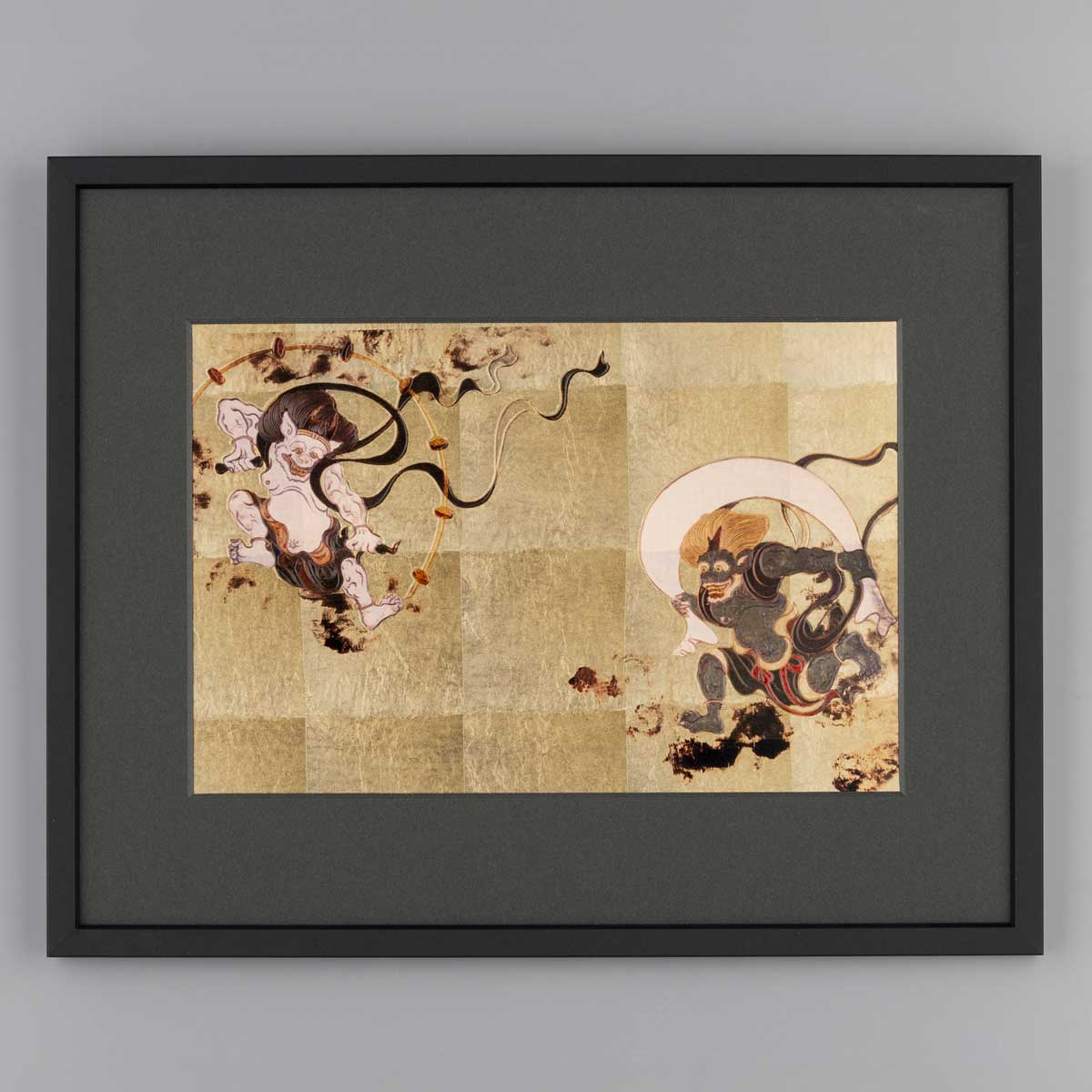 A Japanese framed foil art piece featuring ukiyo-e / fujin raijin. Kanazawa foil gives the artwork depth and a refined shine, making it suitable for interior decoration, home styling, personal collections, and gifts.
